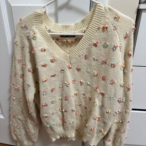 SHEIN Cream V-Neck Sweater with Multicolor Accents
